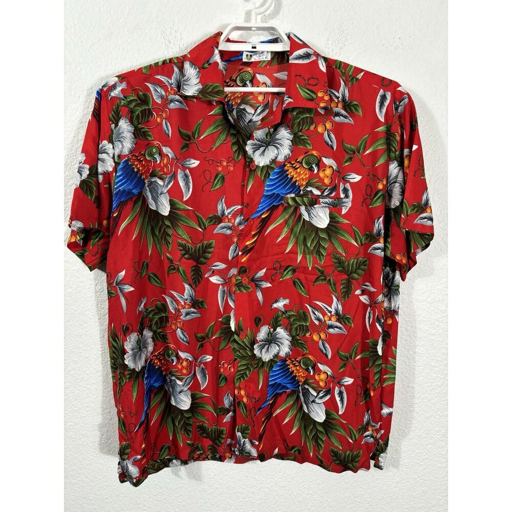 Hawaiian Shirt Mens Size XL Red‎ Floral Bird Shirt Polyester Button Up